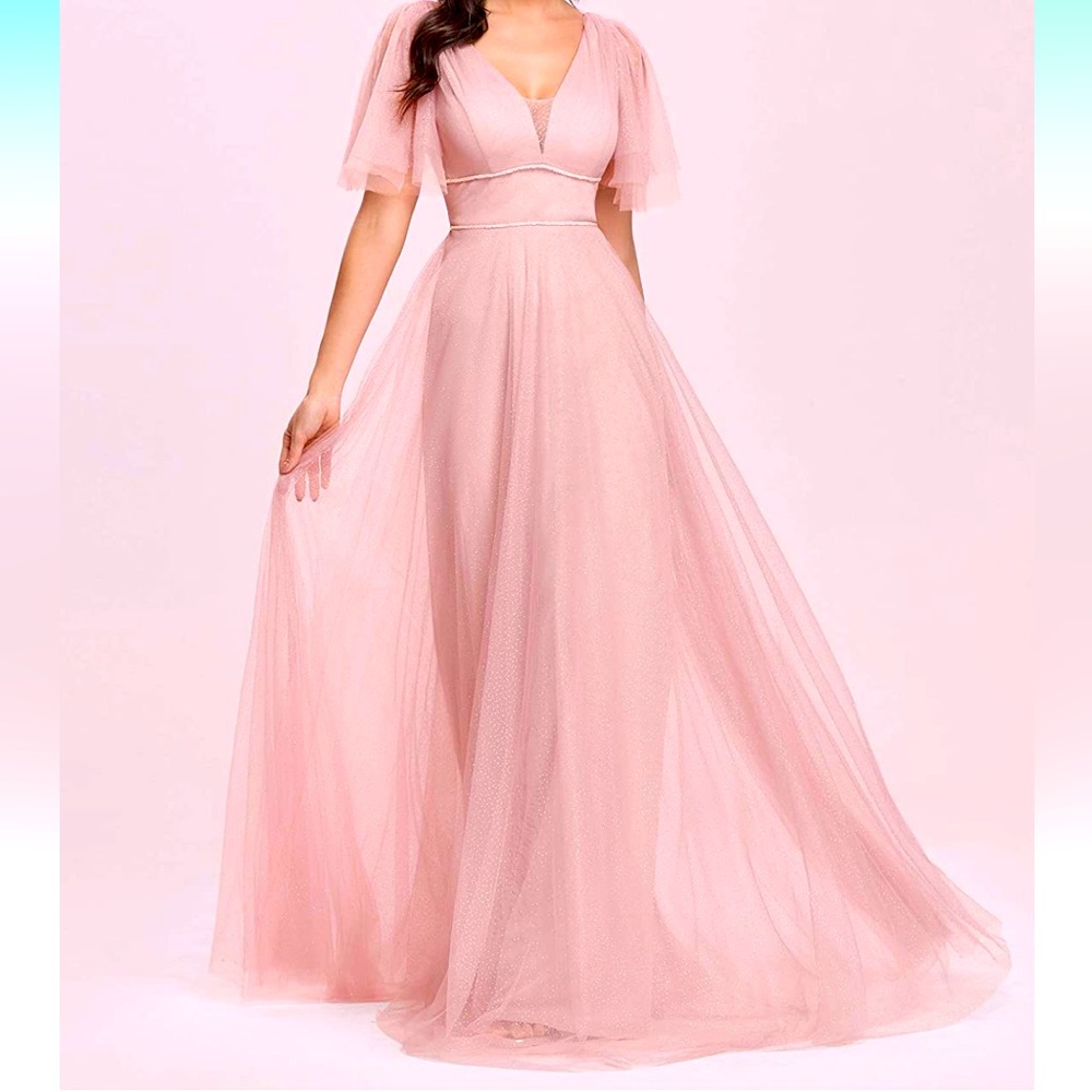 Long tulle bridesmaid dress with ruffle sleeve, the dress is elegant and modern